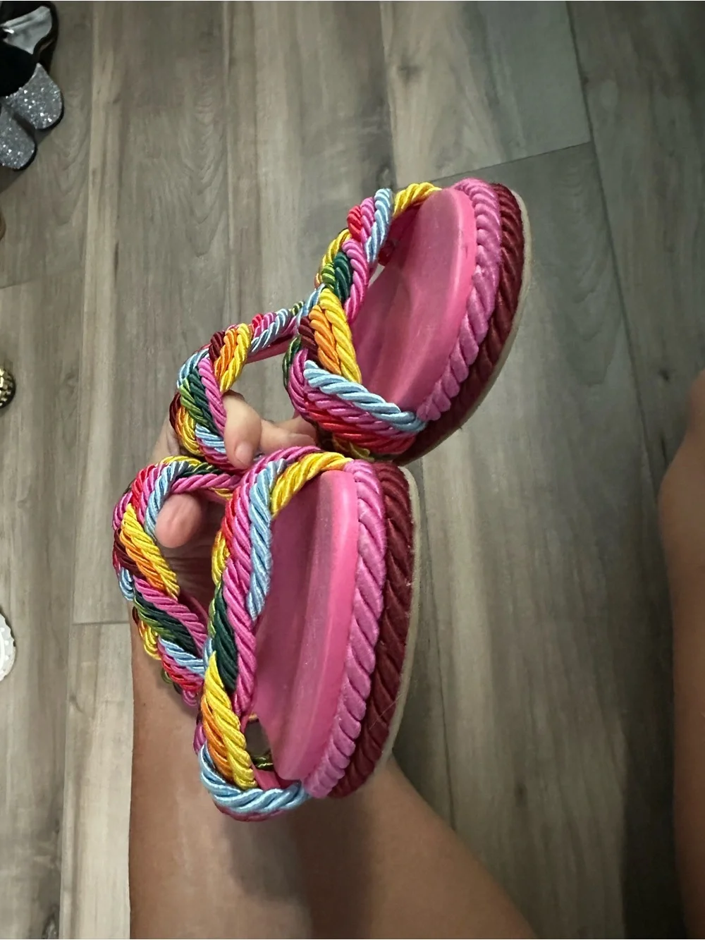 Valentino Pink Slide Sandals with Multicolor Braided Rope Straps